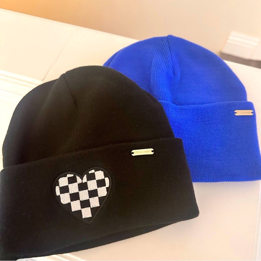 Steve Madden Beanie Bundle Adult One Size Royal Blue Black Checked Heart, New